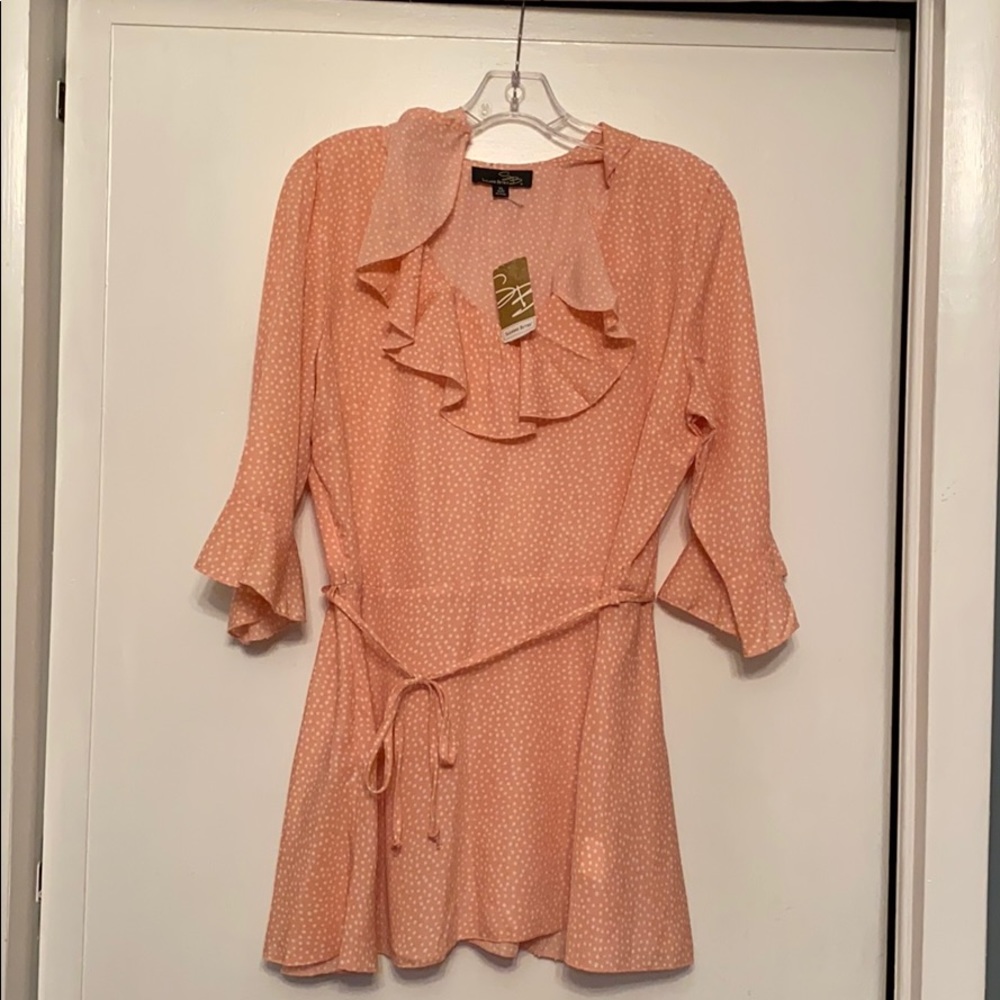 Suzanne Betro pink $ white polka dot blouse XL